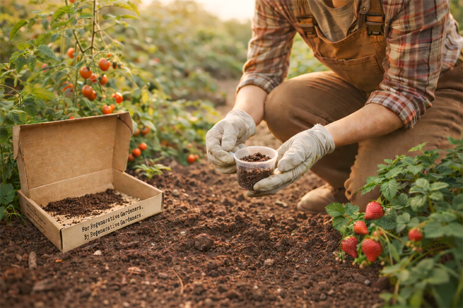 Scooping a soil sample from a garden bed